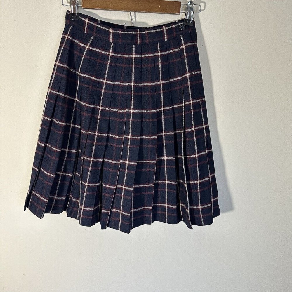 Vintage Talbots Skirt Womens Size 4 Petite Worsted Wool Red Navy Plaid Pleated